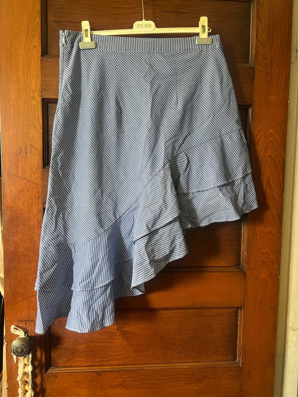 a new day Blue and White pinstriped Asymmetrical Ruffle Skirt